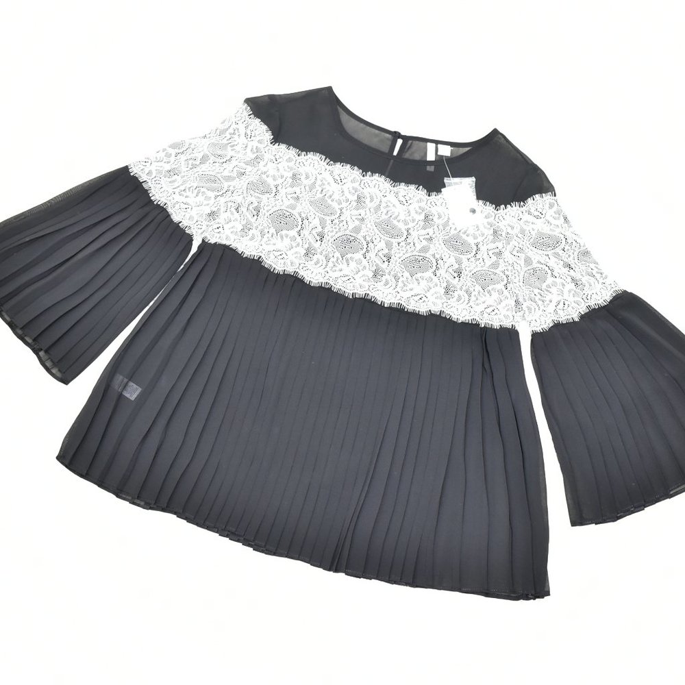 Cato Black Pleated Bell Sleeve Sheer Top with Ivory Lace XS Whimsigoth Coquette‎